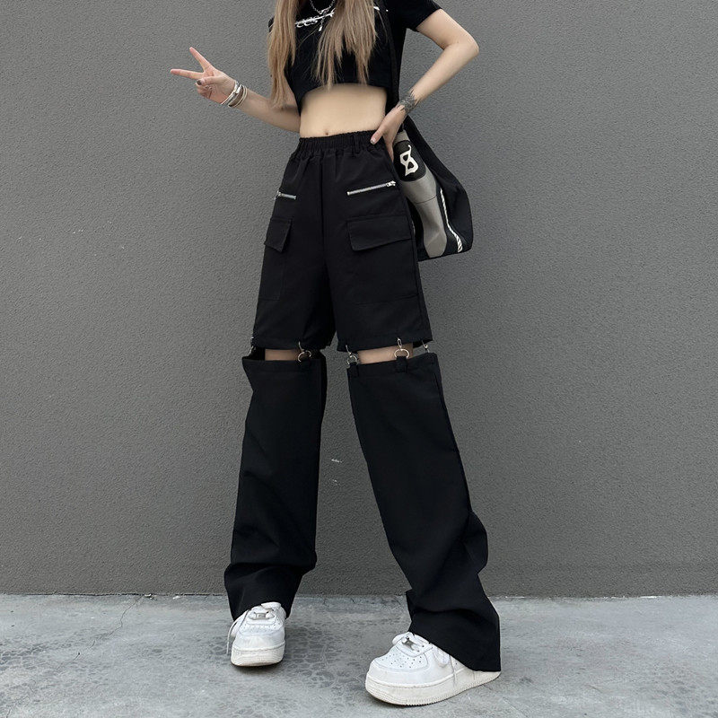 美式复古辣妹宽松黑色工装裤女夏2023春秋可拆卸休闲直筒拖地裤子
