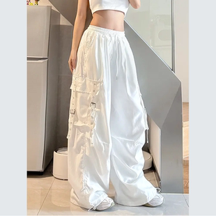 男女春秋高街设计感多口袋阔腿拖地裤 裤 子 嘻哈hiphop白色工装 美式