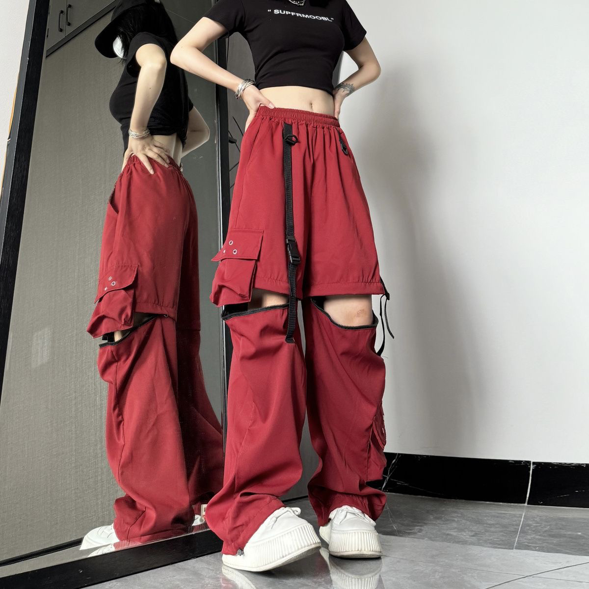 美式辣妹可拆卸工装裤女宽松显瘦束脚裤2025新款高腰休闲直筒裤子
