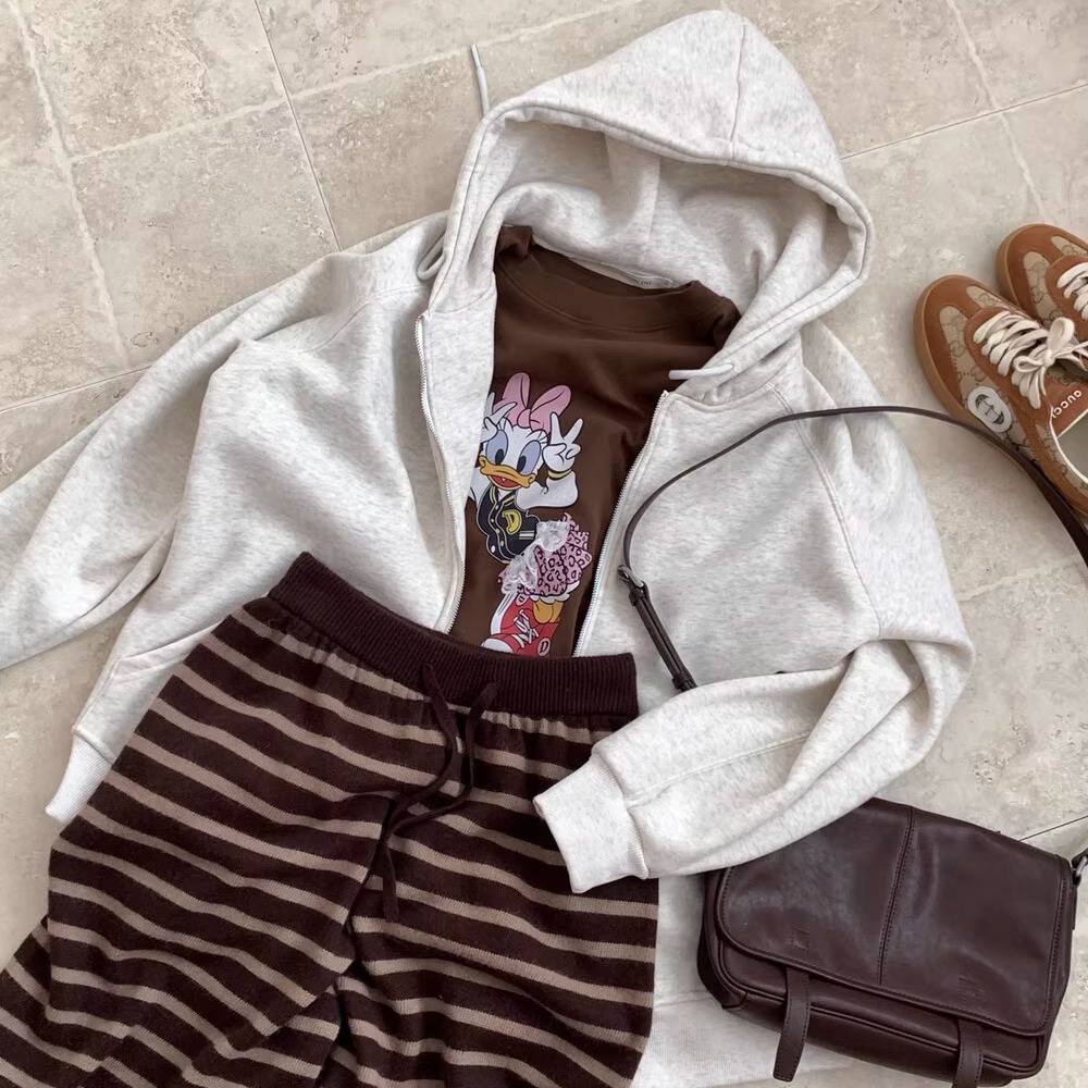 2025新款韩系休闲慵懒风加绒加厚连帽卫衣女拉链外套宽松灰色开衫