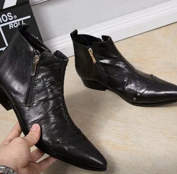 秋冬新款高帮男鞋男士真皮切尔西马丁靴一脚蹬休闲皮鞋尖头皮鞋男