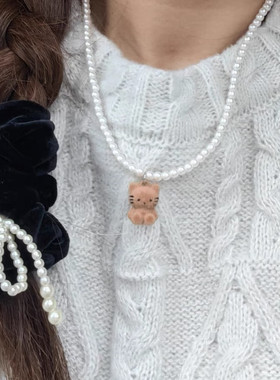 韩国东大门ins丝绒咖色KT猫咪珍珠项链小众可爱少女百搭锁骨链