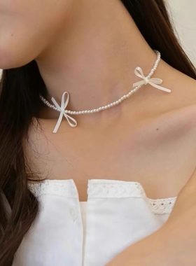 现货韩国东大门ins气质甜美风少女丝带蝴蝶结珍珠项链锁骨链