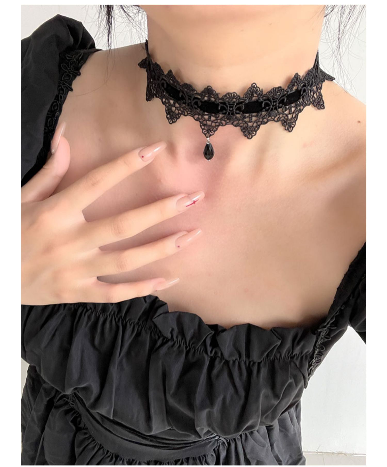 暗黑禁欲系 绑带蝴蝶结蕾丝水滴吊坠项圈choker脖子饰品锁骨链