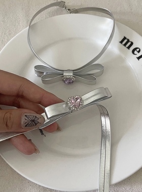 手工自制pu皮银色立体领结颈链粉色爱心闪钻皮质choker蝴蝶结项链