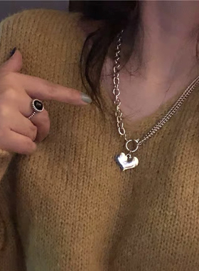 韩国东大门爱心项链女网红粗链条颈链设计感拼接心形坦克链毛衣链