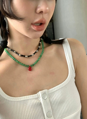 Mona同款复古祖母绿串珠项链黑色竹节叠戴锁骨链网红同款项饰