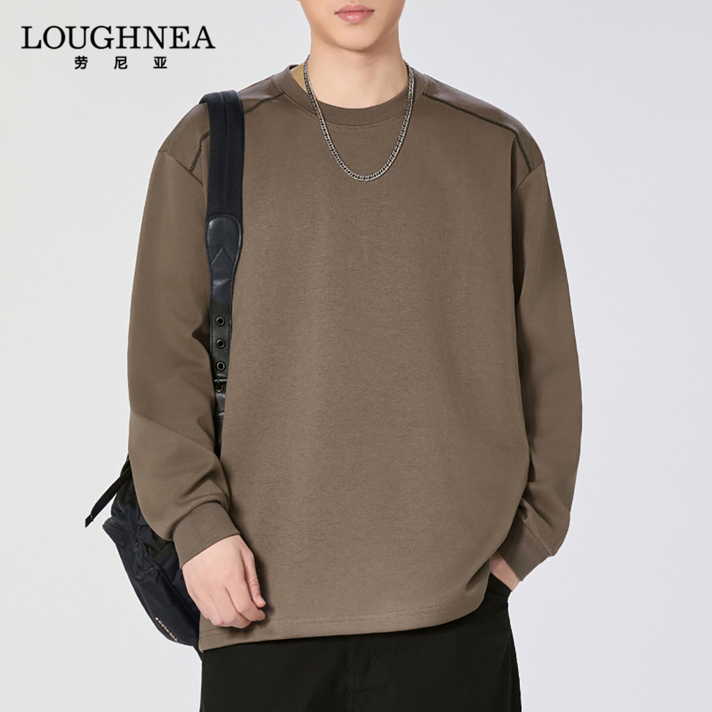 LOUGHNEA潮牌美式条纹圆领T恤男长袖春秋新款休闲宽松纯色打底衫