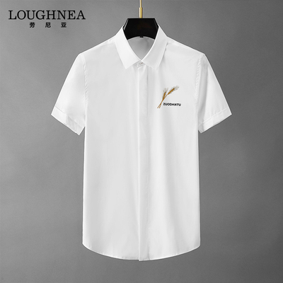 LOUGHNEA轻奢金麦穗刺绣短袖白色衬衫男夏季中年修身免烫半袖衬衣