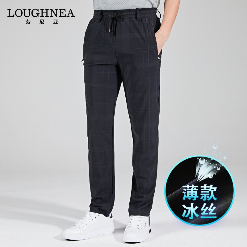 LOUGHNEA高级感格子冰丝休闲裤男夏季中年潮流弹力透气抗皱锥形裤