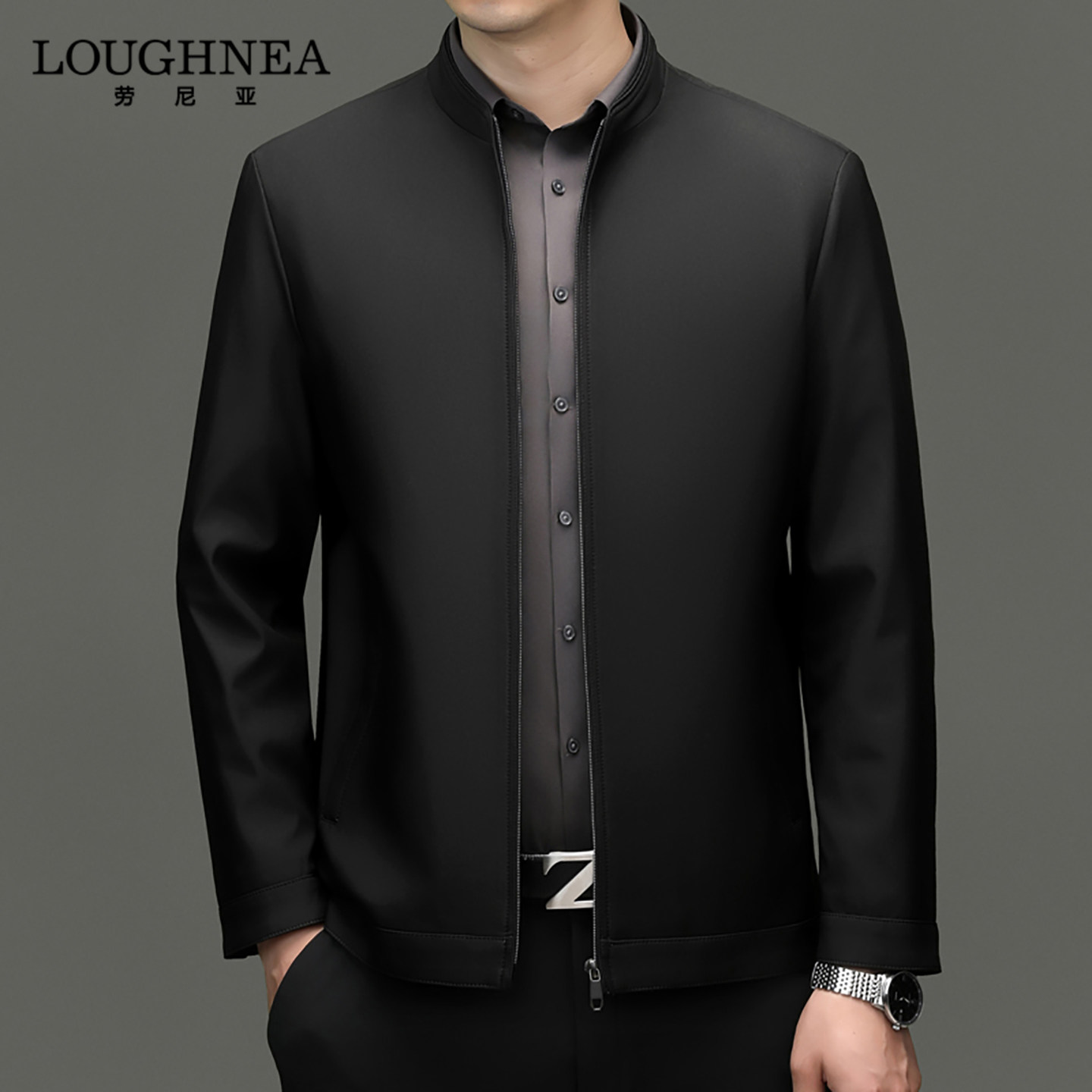 LOUGHNEA高端黑色立领行政外套男春秋商务休闲中老年干部防风夹克