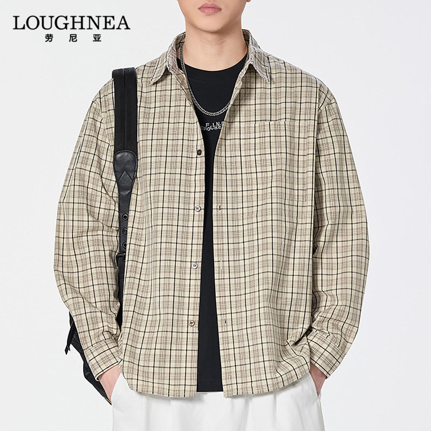 LOUGHNEA高端细格纹复古衬衫男长袖春秋新款中年潮牌宽松格子衬衣
