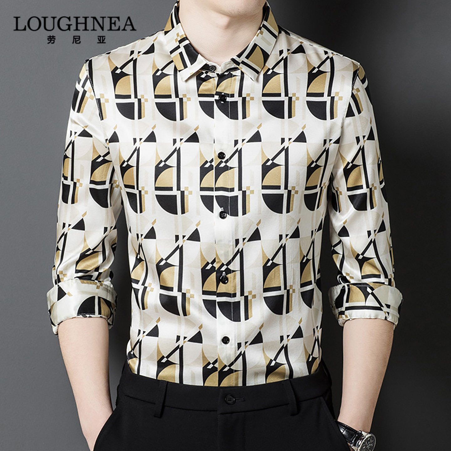 LOUGHNEA轻奢绸缎桑蚕丝花衬衫男长袖春秋季高端商务时尚真丝寸衫