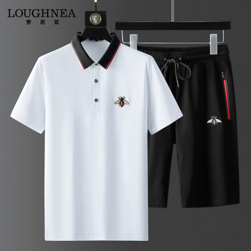 LOUGHNEA欧洲站小蜜蜂刺绣运动服套装男短袖T恤短裤休闲两件套潮
