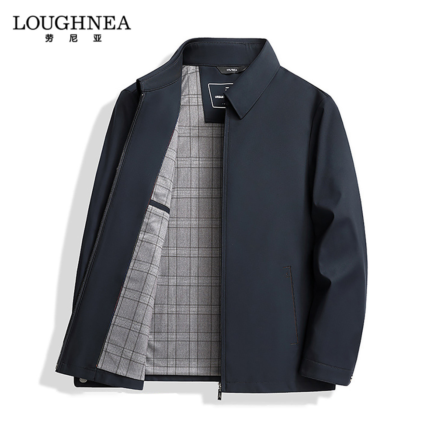 LOUGHNEA高档深蓝色翻领行政夹克男春秋新款拉链商务休闲中年外套