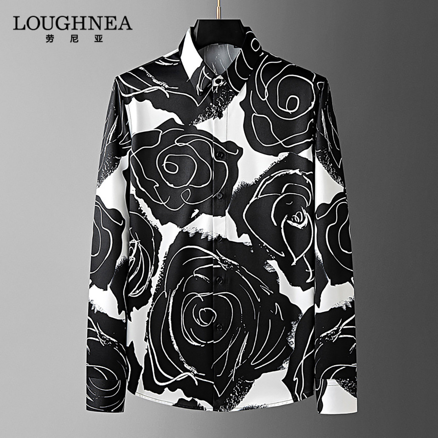 LOUGHNEA轻奢玫瑰印花痞帅风衬衫男士长袖春秋高级感免烫抗皱衬衣