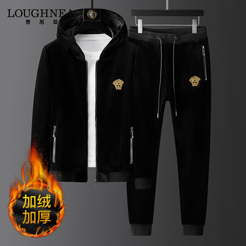 LOUGHNEA轻奢刺绣连帽开衫运动套装男双面金丝绒加厚休闲两件套潮
