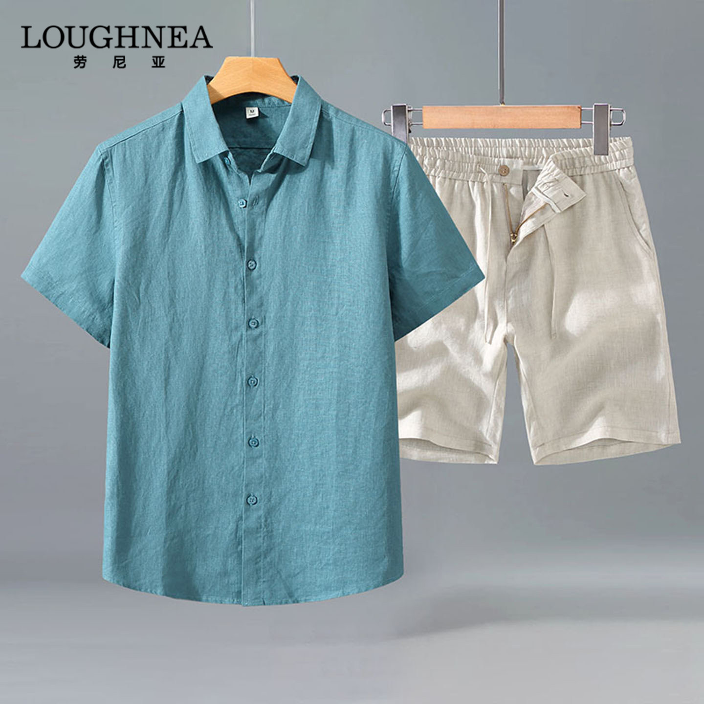 LOUGHNEA轻奢100%纯亚麻短袖衬衫短裤男士两件套夏季薄款休闲套装