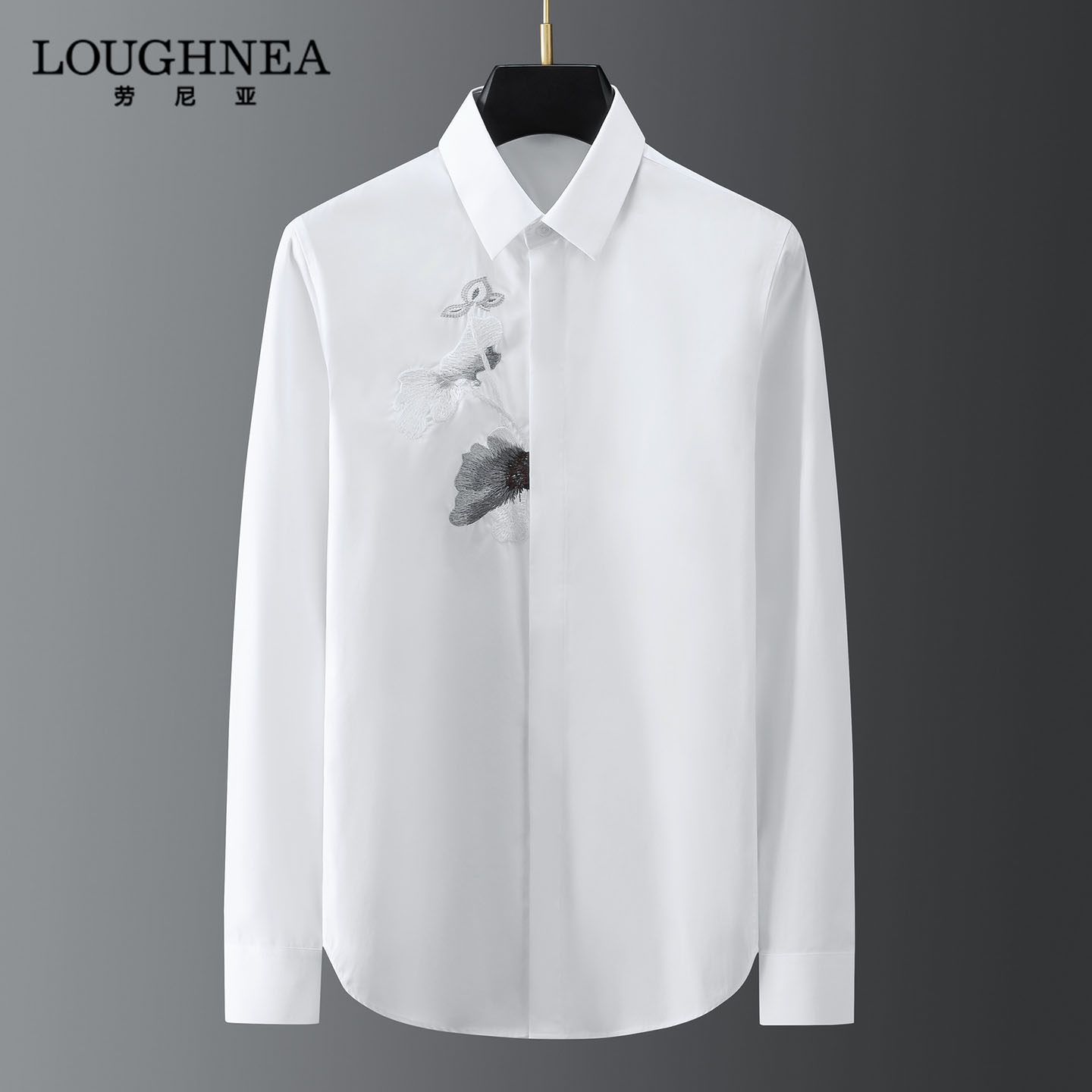 LOUGHNEA高端新中式刺绣白色衬衫男士春秋修身免熨烫休闲商务衬衫