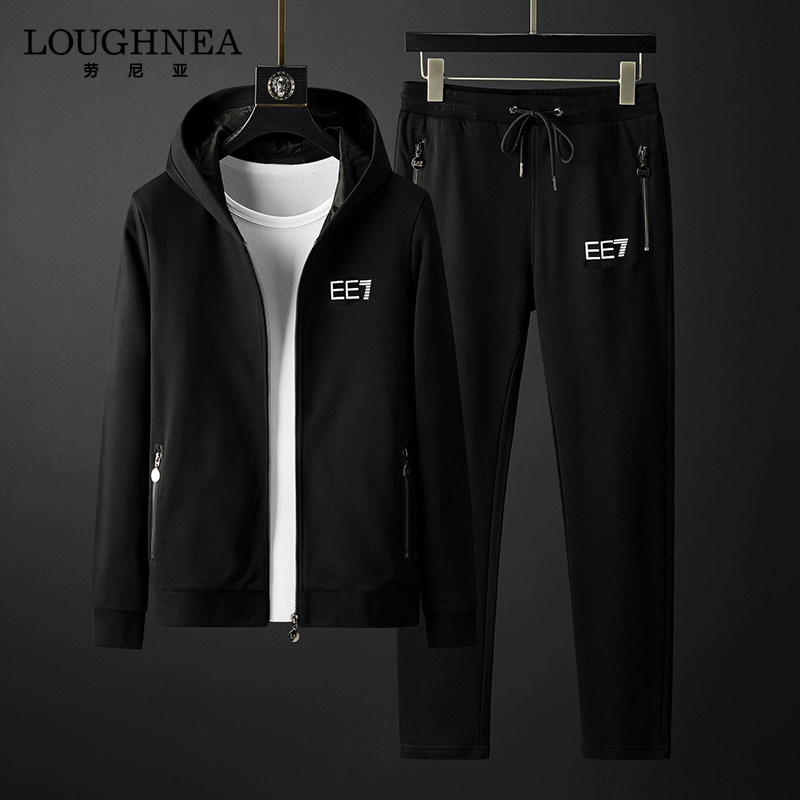 LOUGHNEA高端品牌黑色连帽休闲运动套装男2026新款潮牌帅气三件套