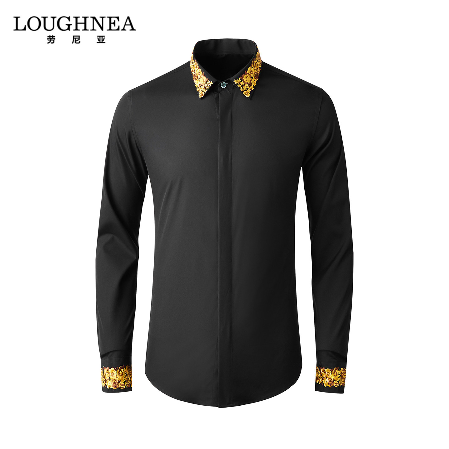 LOUGHNEA高端订婚新中式黑色衬衫男士长袖春秋中国风立体刺绣寸衫