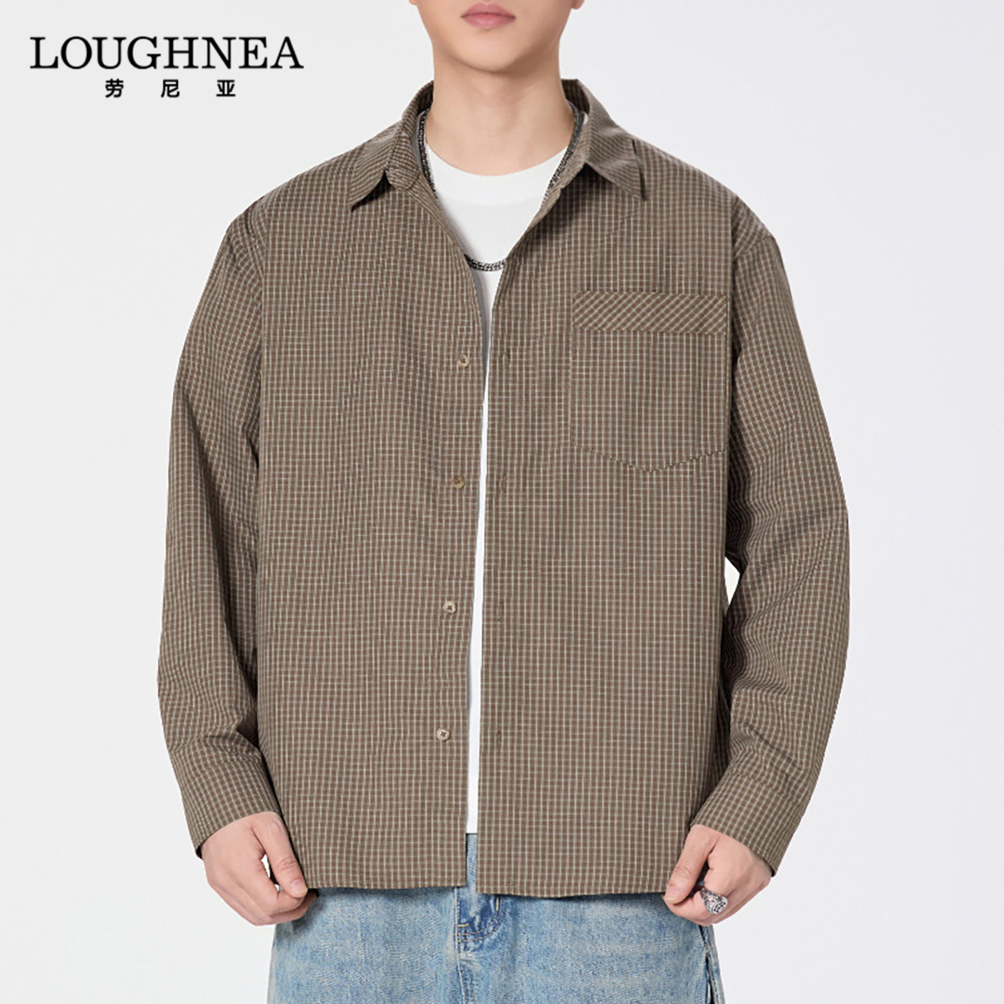 LOUGHNEA高端日系通勤格子衬衫男长袖春秋新款中年休闲带口袋衬衣