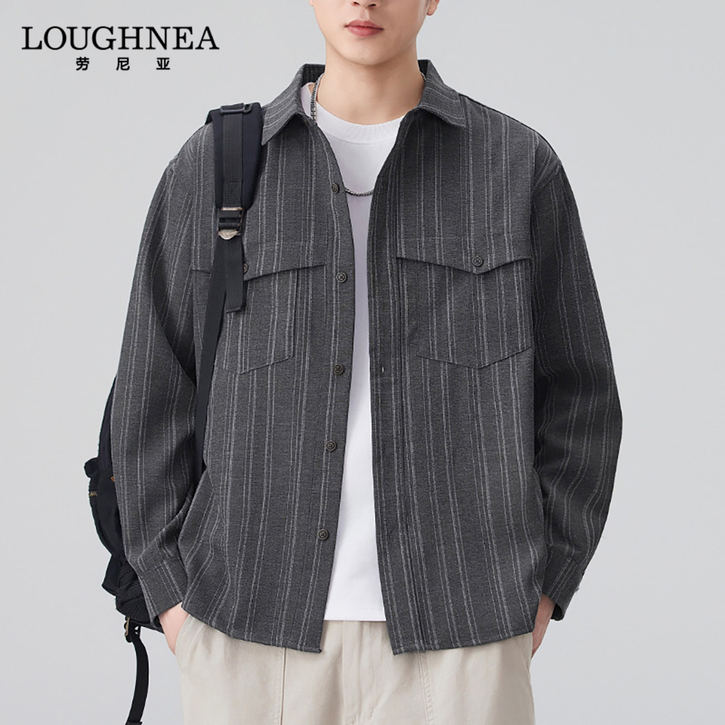 LOUGHNEA轻奢日系工装风竖条纹衬衫男长袖2026新款春秋多口袋衬衣