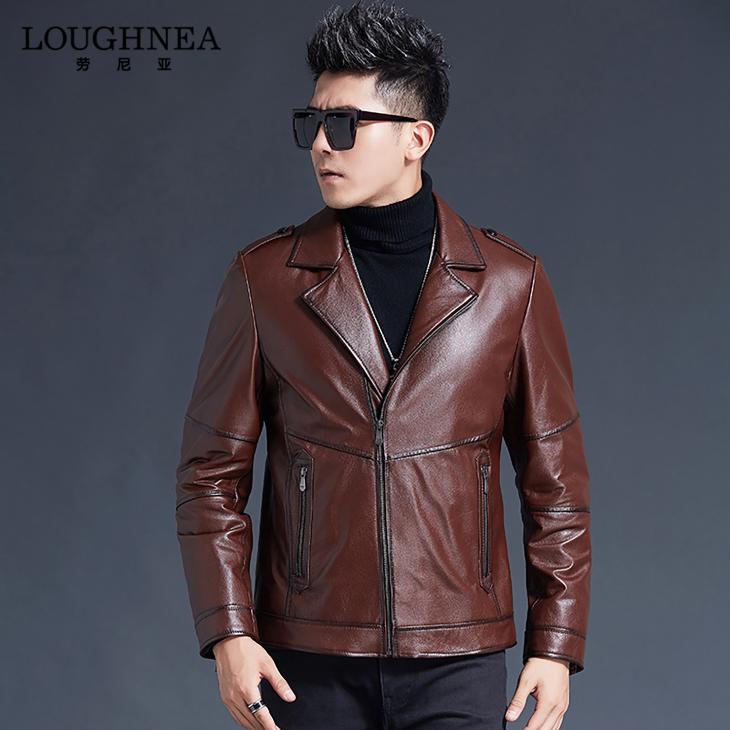 LOUGHNEA高端中年商务真皮皮衣男西服外套春秋新款修身机车皮夹克