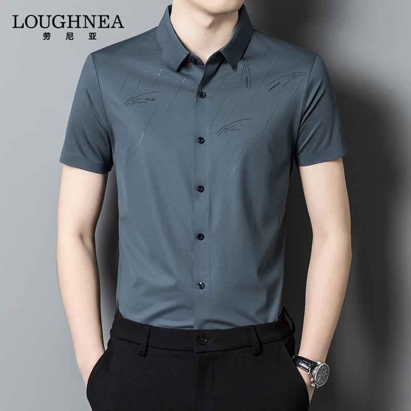 LOUGHNEA高端冰丝薄款短袖衬衫男士2026夏季潮流印花中年修身衬衣