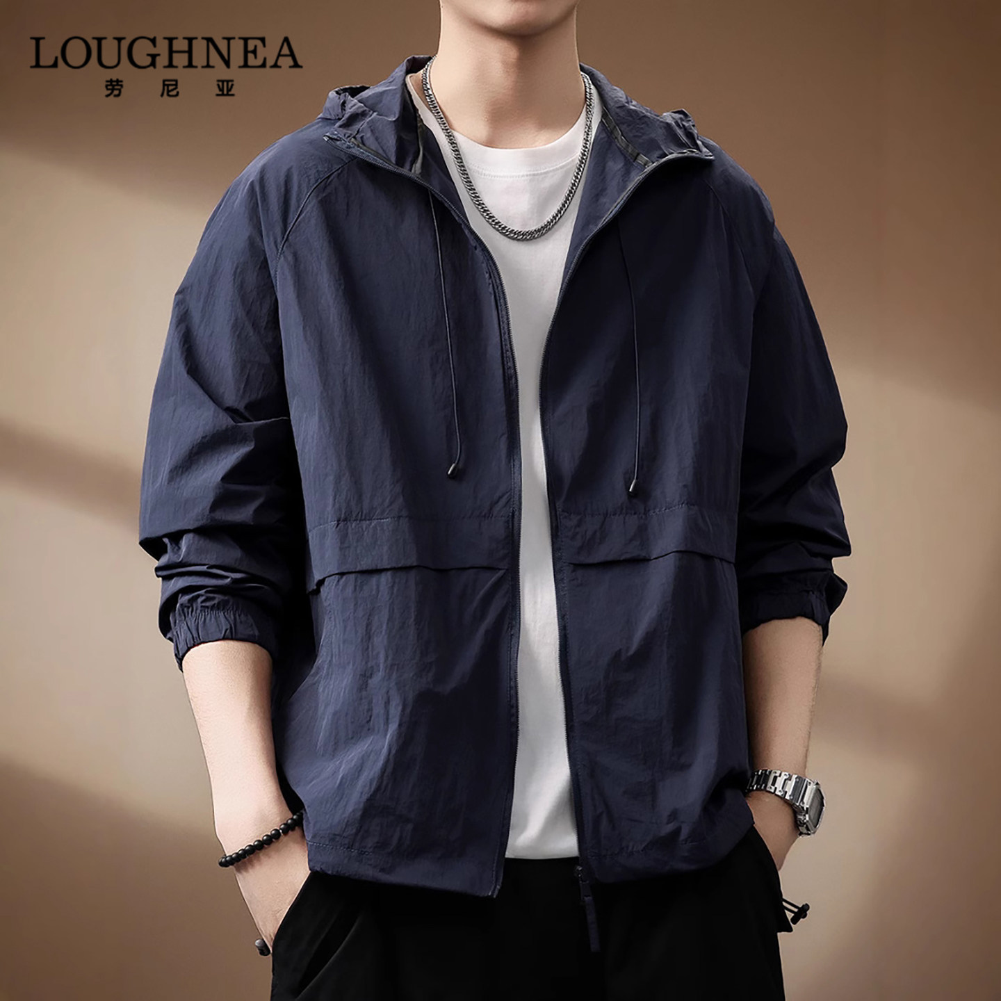 LOUGHNEA高档深宝蓝连帽防晒衣男冰丝凉感夏季户外透气运动防晒服