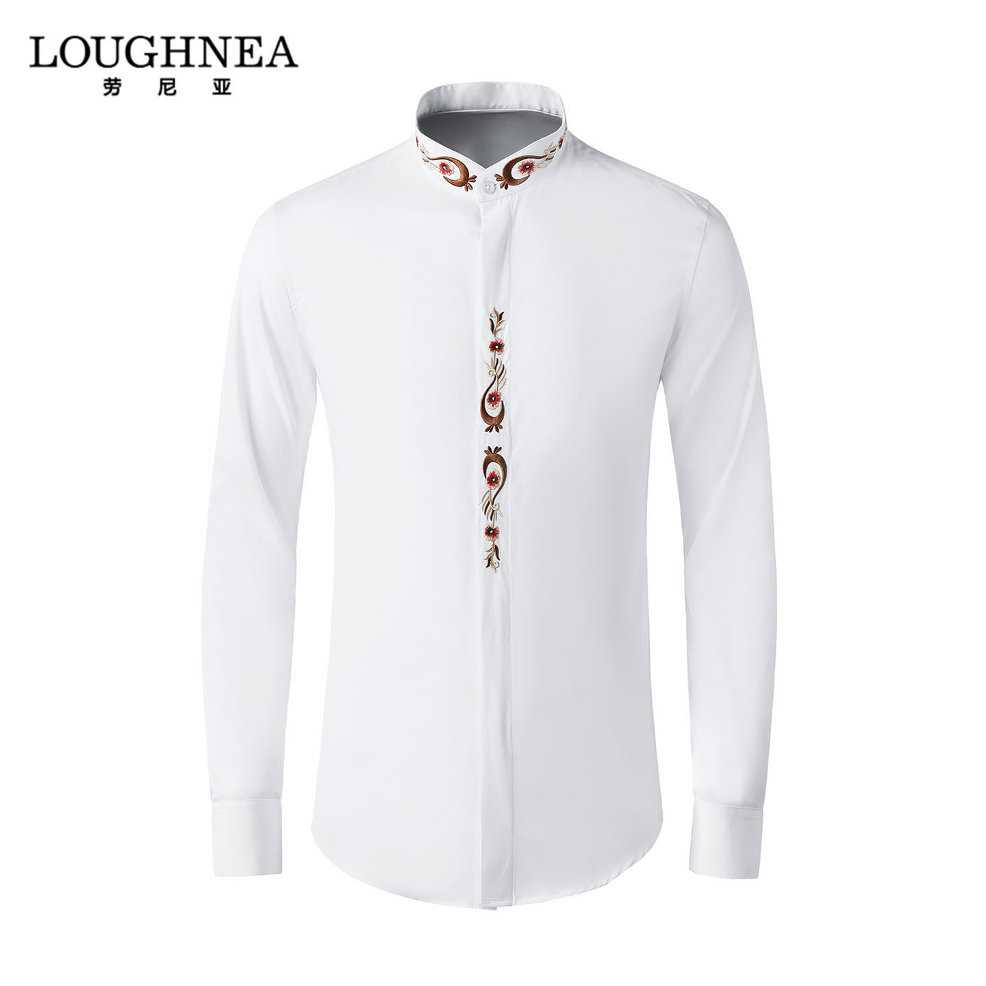 LOUGHNEA高端新中式立领白色衬衫男士长袖春秋凤尾图刺绣订婚衬衣