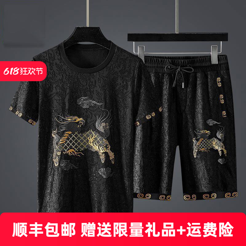 国际品牌中式绣花休闲运动套装男短袖夏季潮男痞帅t恤休闲裤男装