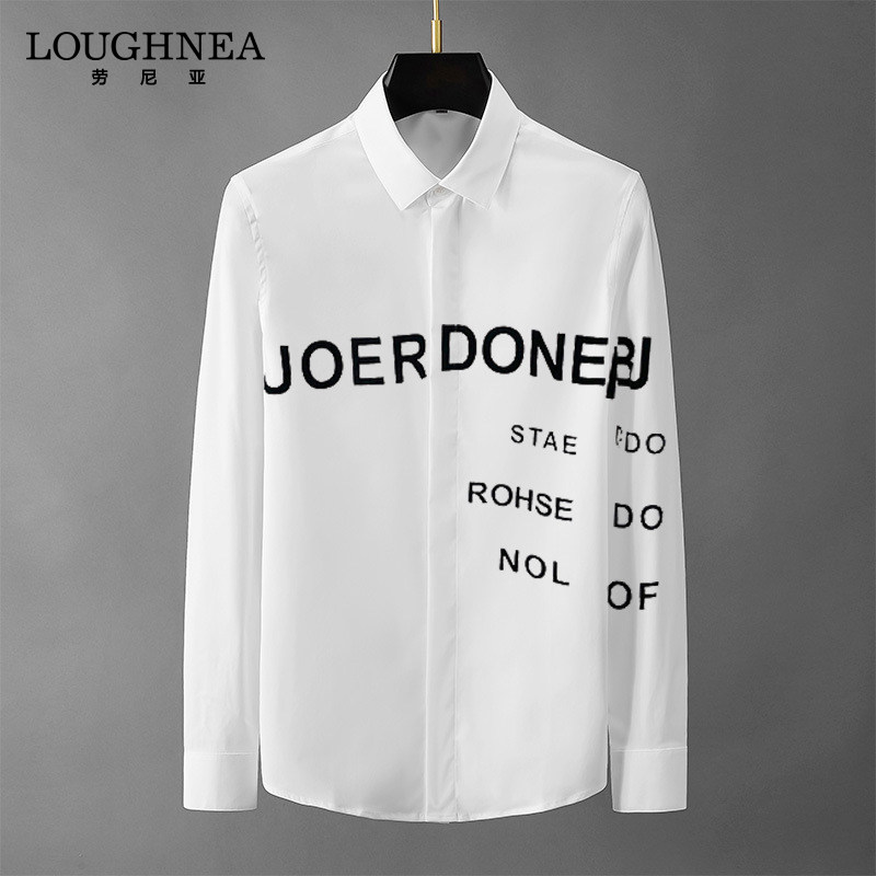 LOUGHNEA高档春秋字母印花免烫衬衫男时尚修身中青年潮流休闲衬衣