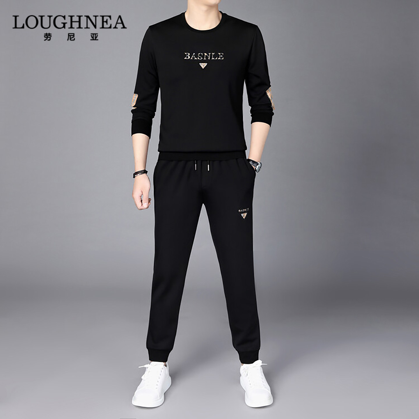 LOUGHNEA高端黑色卫衣束脚休闲裤男两件套春秋中年时尚运动套装潮