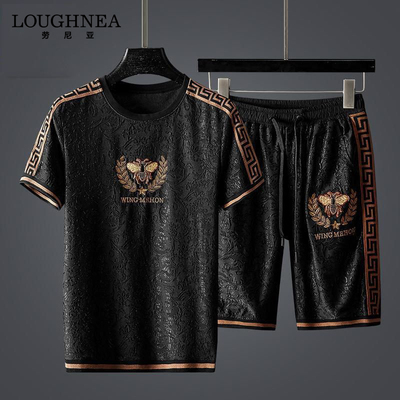 LOUGHNEA高级感绣花短裤休闲运动套装男夏大码个性短袖跑步两件套