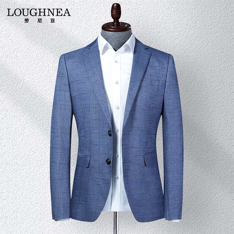 LOUGHNEA高档蓝色格子西服外套男春秋新款韩版修身小西装休闲单西