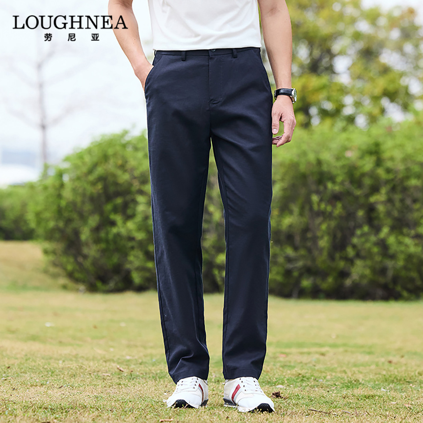 LOUGHNEA高端中年商务蓝色西裤男夏季薄款莱赛尔亚麻棉直筒休闲裤