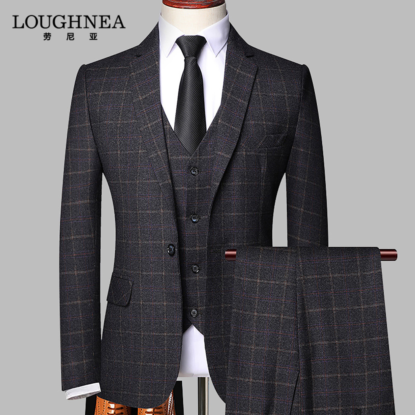 LOUGHNEA高端格子西服套装男高级感2026款春秋商务结婚礼服三件套