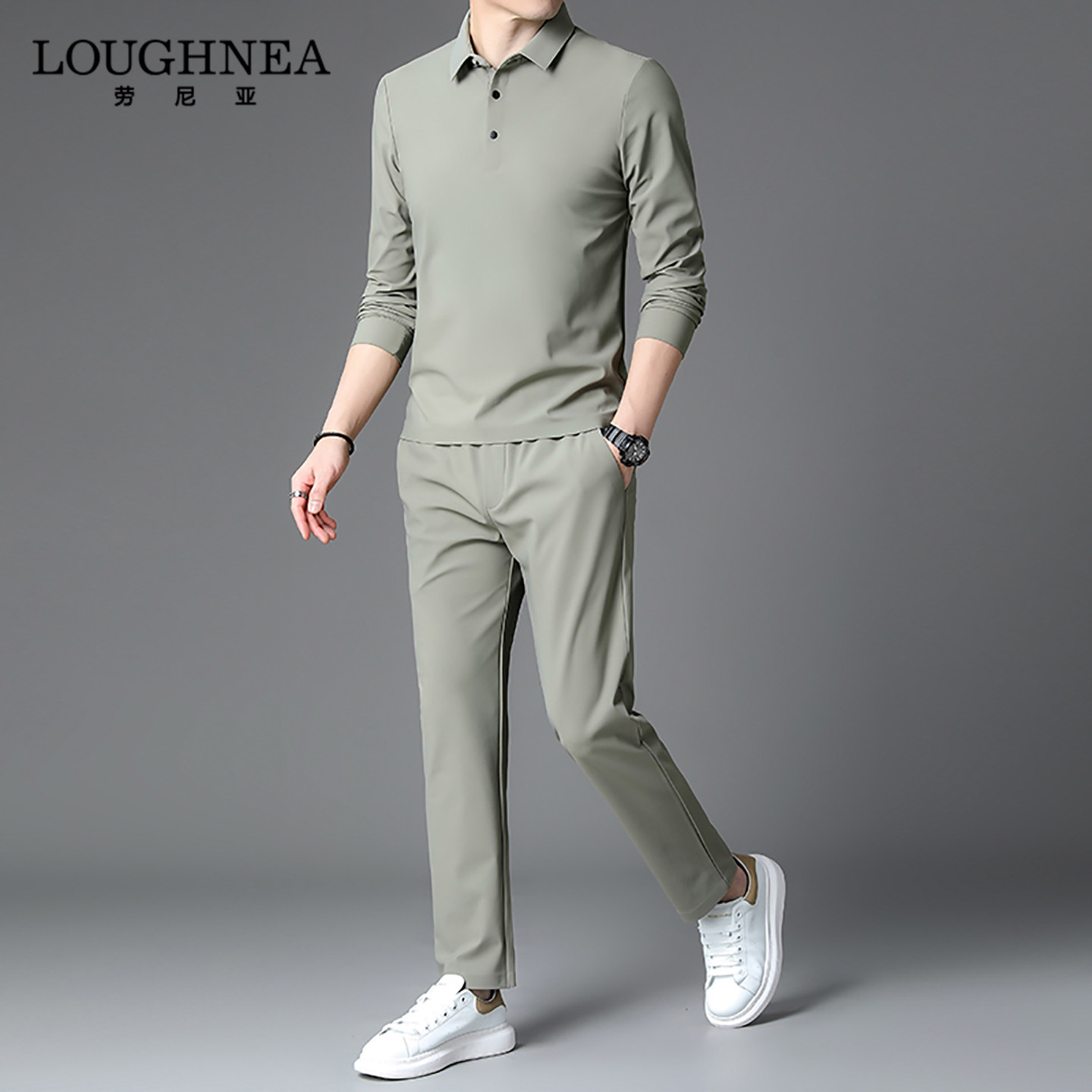 LOUGHNEA高端长袖POLO衫休闲运动套装男士春秋中年户外长裤两件套