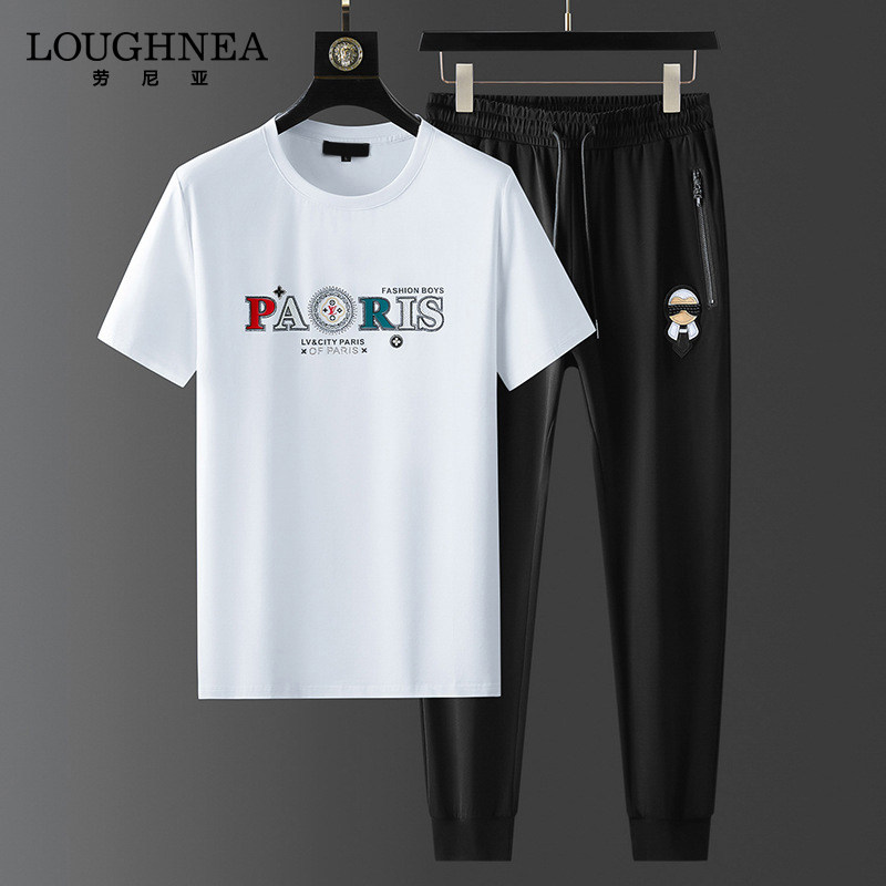 LOUGHNEA潮牌烫钻字母短袖运动套装男夏季新款青年帅气休闲 两件