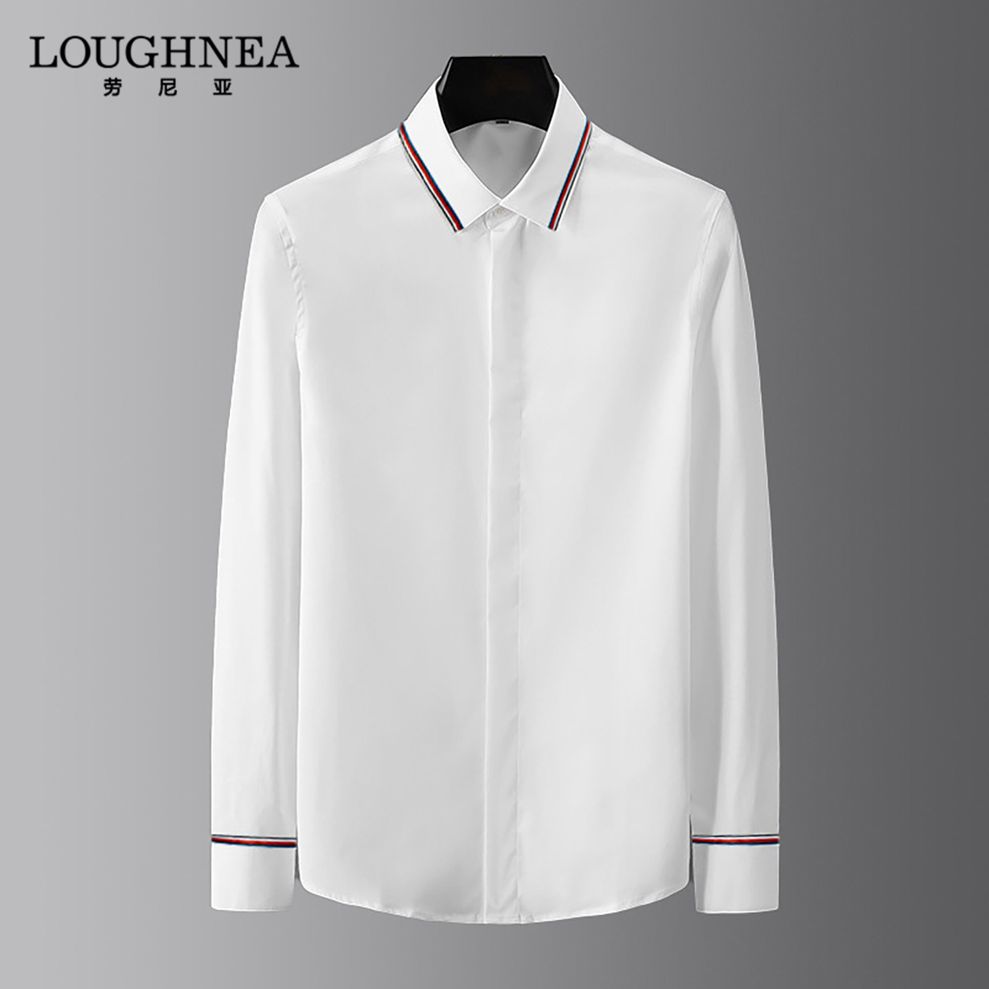 LOUGHNEA轻奢领袖口织带白色衬衫男士长袖春秋季潮牌修身休闲衬衣