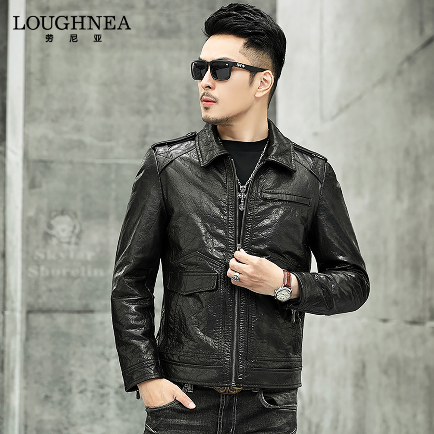 LOUGHNEA轻奢潮流复古头层牛皮真皮皮衣男春秋中年翻领机车皮夹克