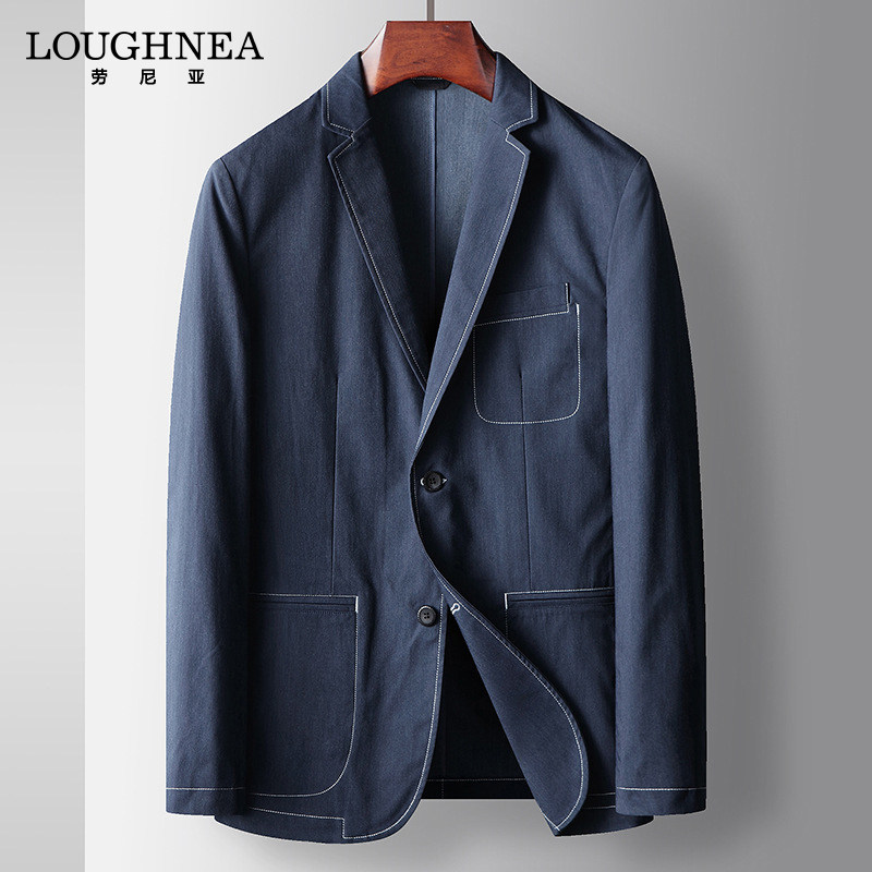 LOUGHNEA轻奢牛仔色辑明线休闲西装男春秋商务单西中青年西服外套