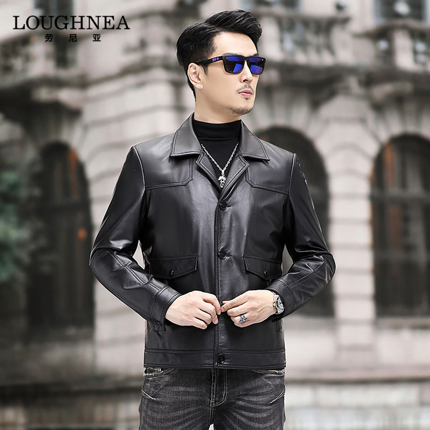 LOUGHNEA高端黑色西装领皮衣外套男真皮春秋新款中年商务牛皮夹克
