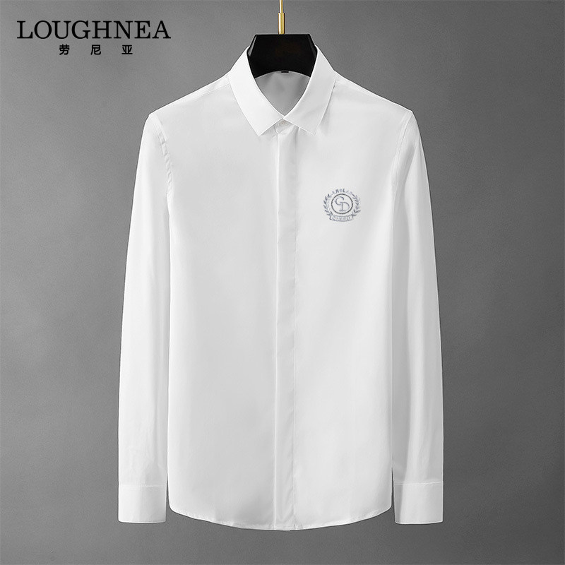 LOUGHNEA高端休闲免烫刺绣衬衫男士长袖春秋新款创意时尚商务衬衣