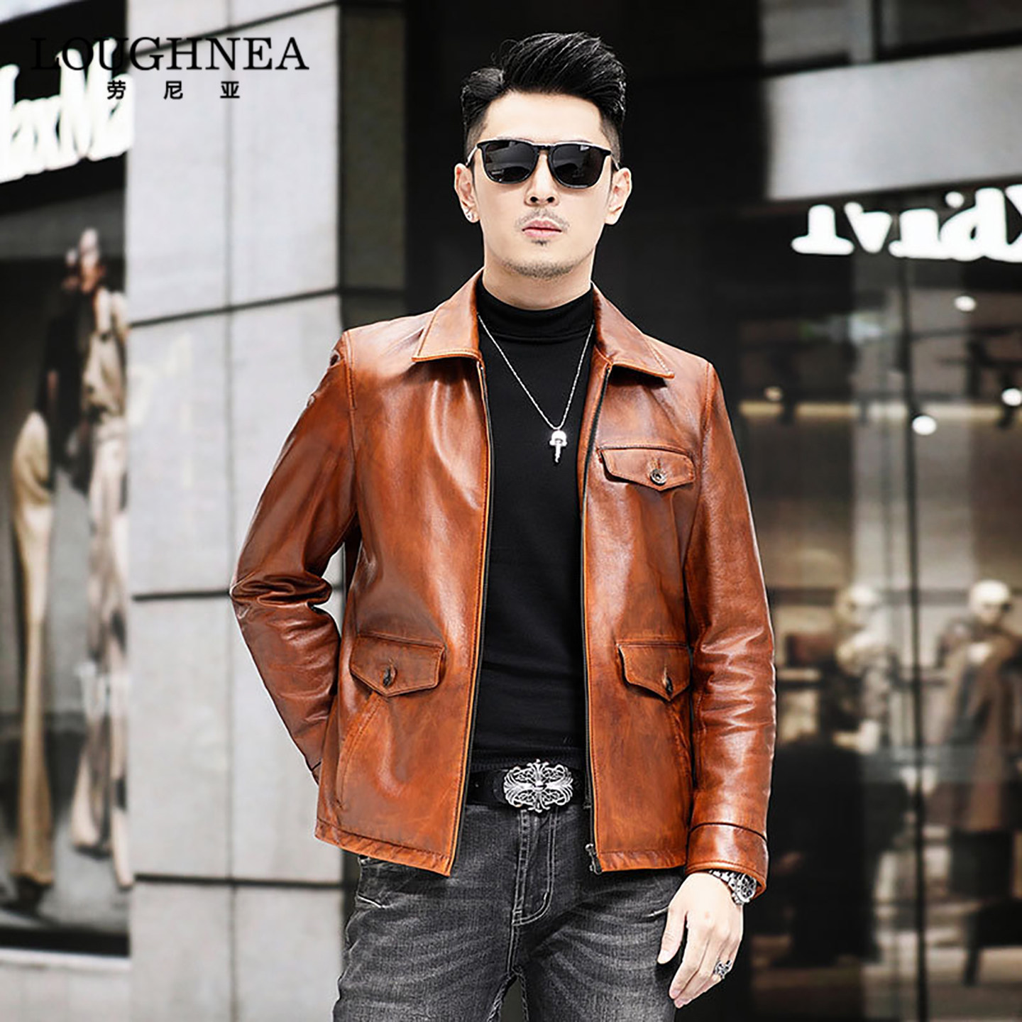 LOUGHNEA轻奢中年机车翻领皮衣外套男春秋薄款多口袋羊皮真皮夹克