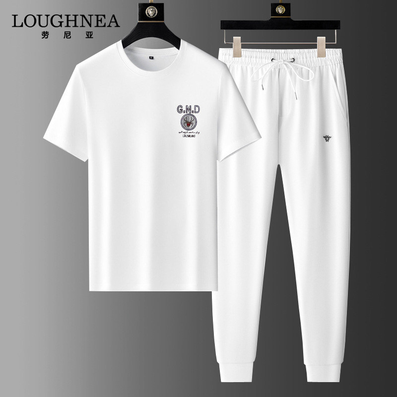 LOUGHNEA官方白色纯棉运动套装男夏季新款圆领短袖t恤跑步两件套