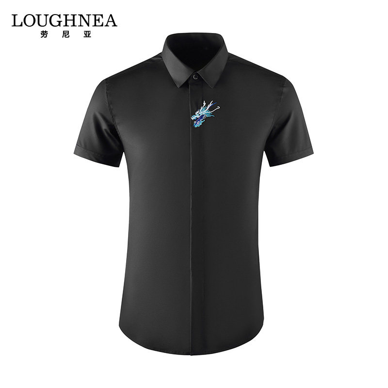LOUGHNEA高端新中式龙头刺绣衬衫男士短袖夏季中国风休闲修身衬衣
