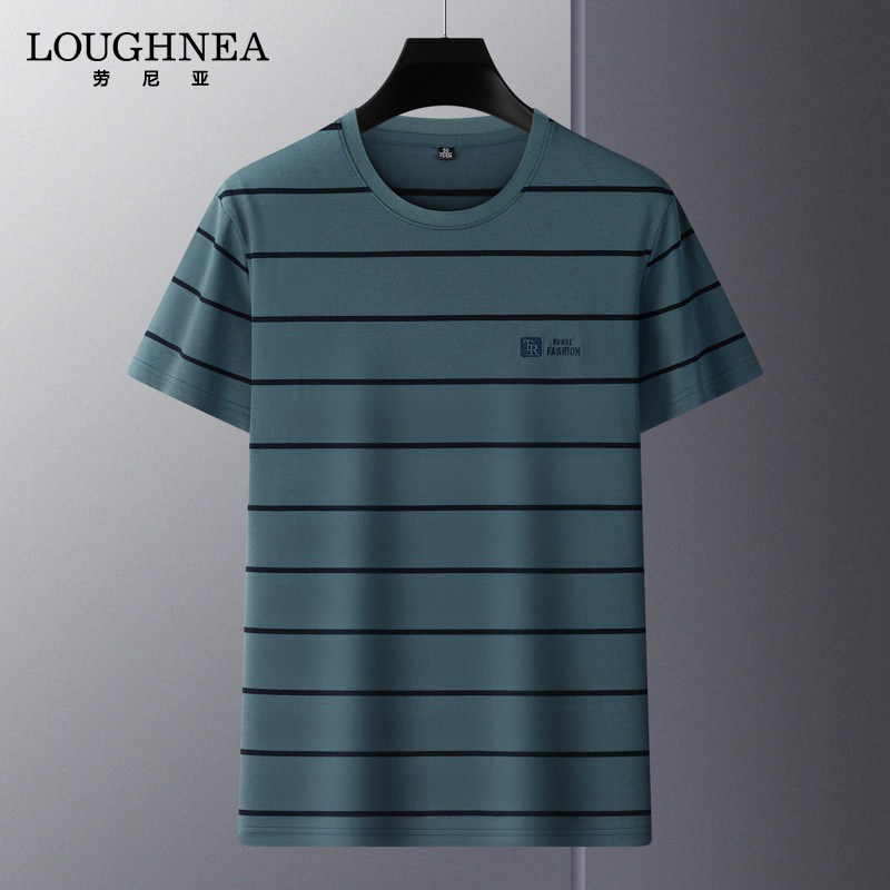 LOUGHNEA高端珠地棉圆领条纹短袖T恤男夏季新款中年透气免烫上衣
