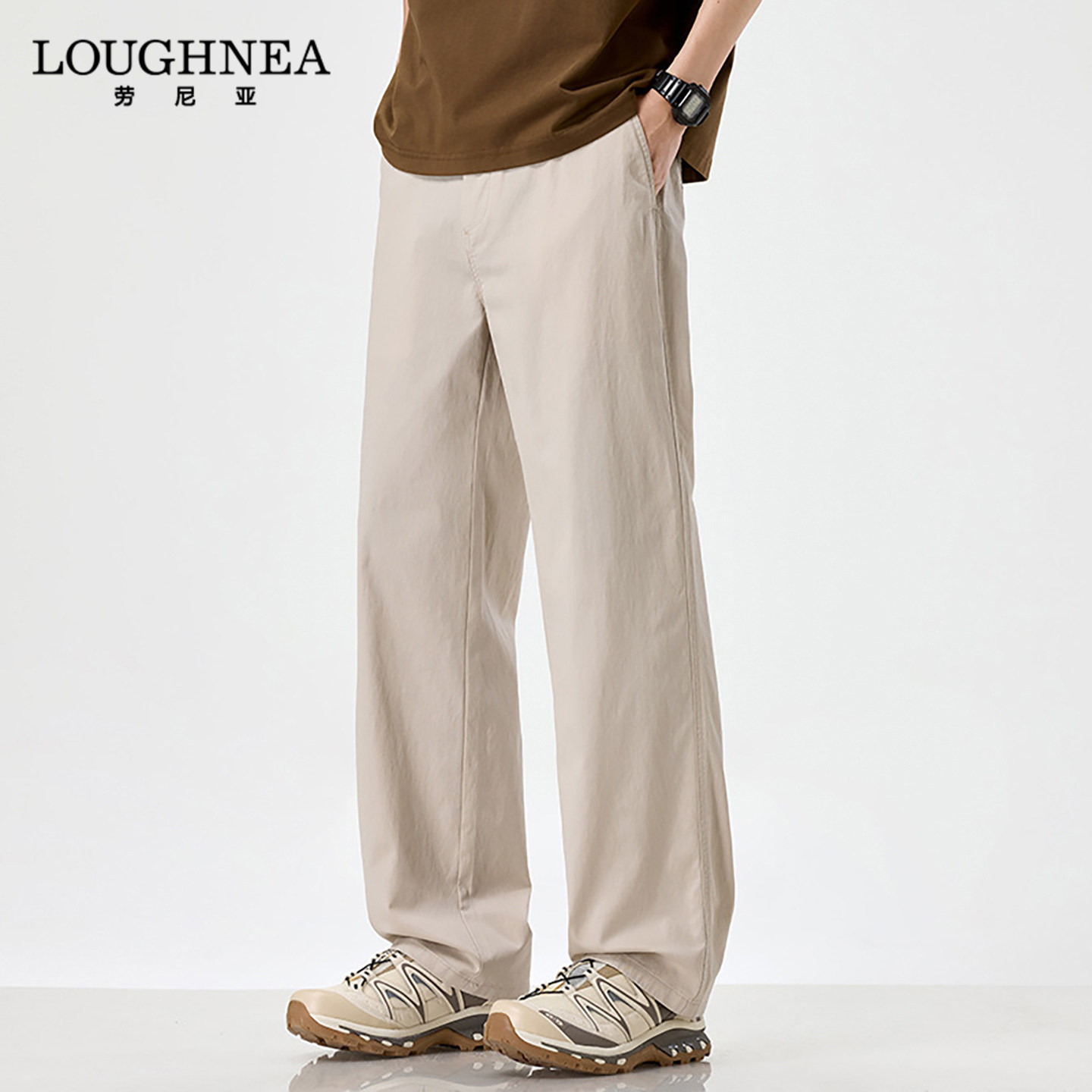 LOUGHNEA轻奢杏色直筒休闲裤男春夏薄款中年弹力宽松舒适通勤长裤